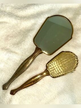 Vintage Mid-Century Brass Vanity Hand Mirror & Brush Set